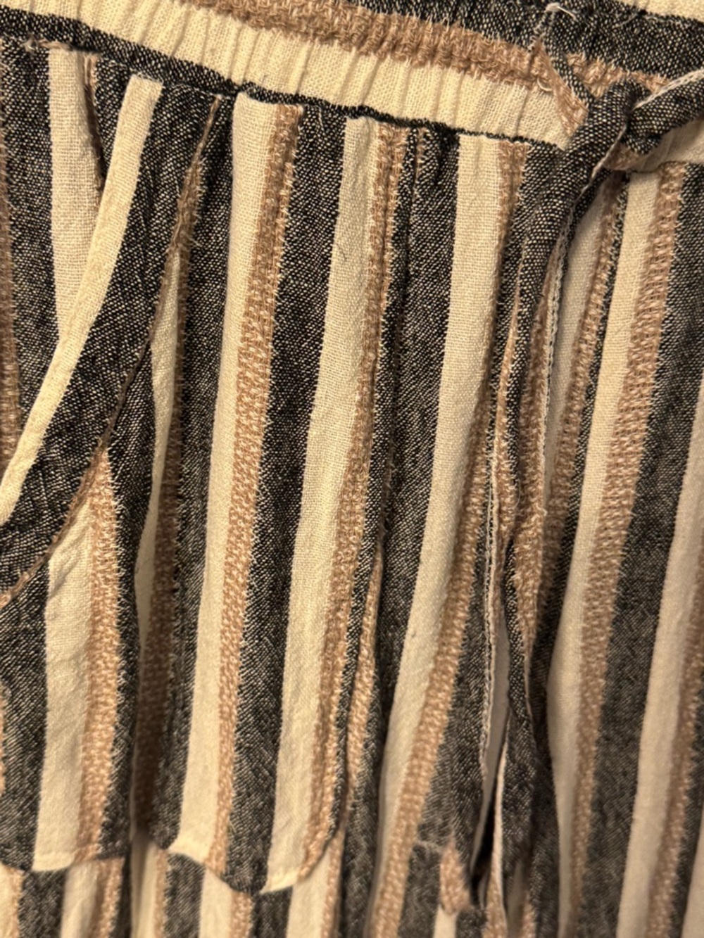 Marissa Olivia Striped Cream Beige Gray Drawstring Linen Coastal Lounge Pants - Picture 5 of 6
